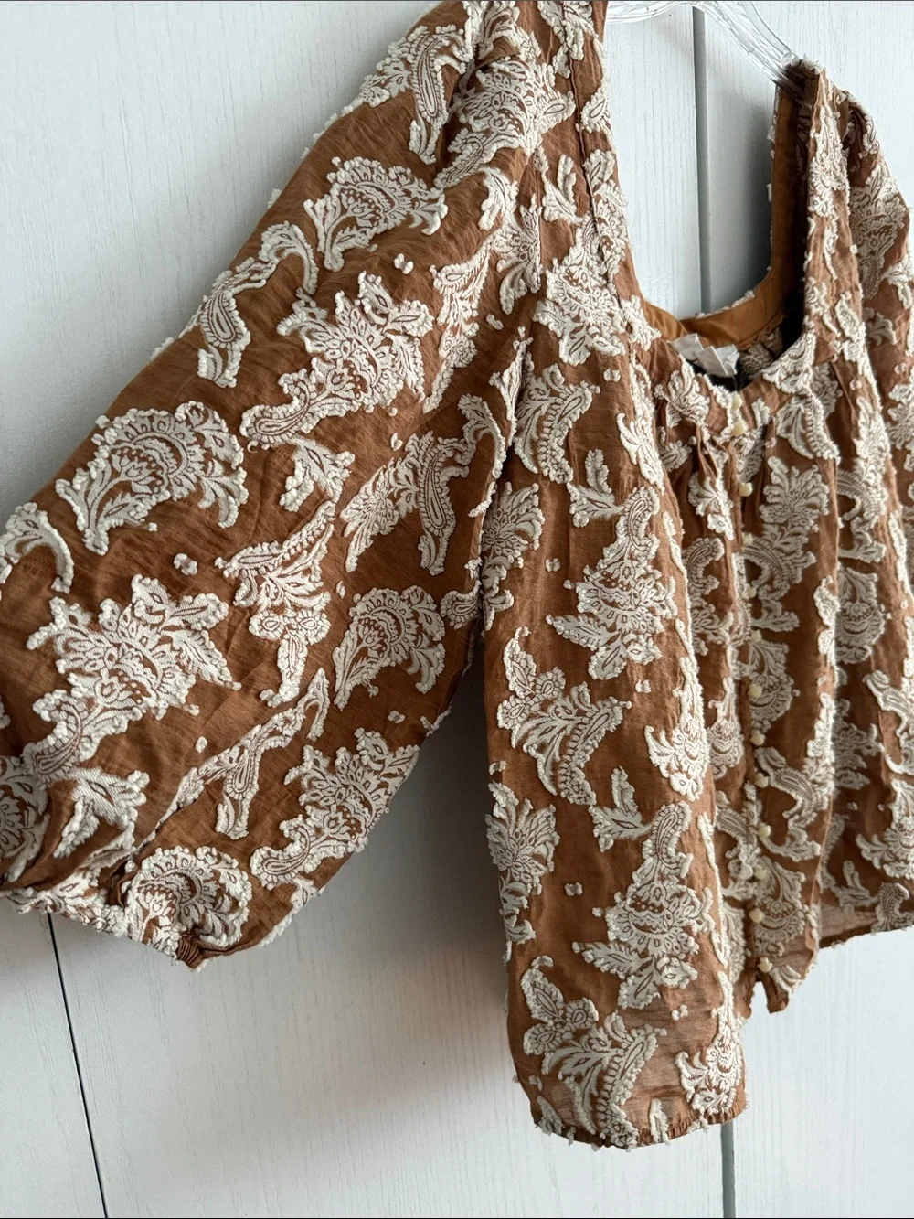 Anthropologie Jacquard Paisley Button Down Top 3/4 Puff Sleeve Romantic Boho Sz